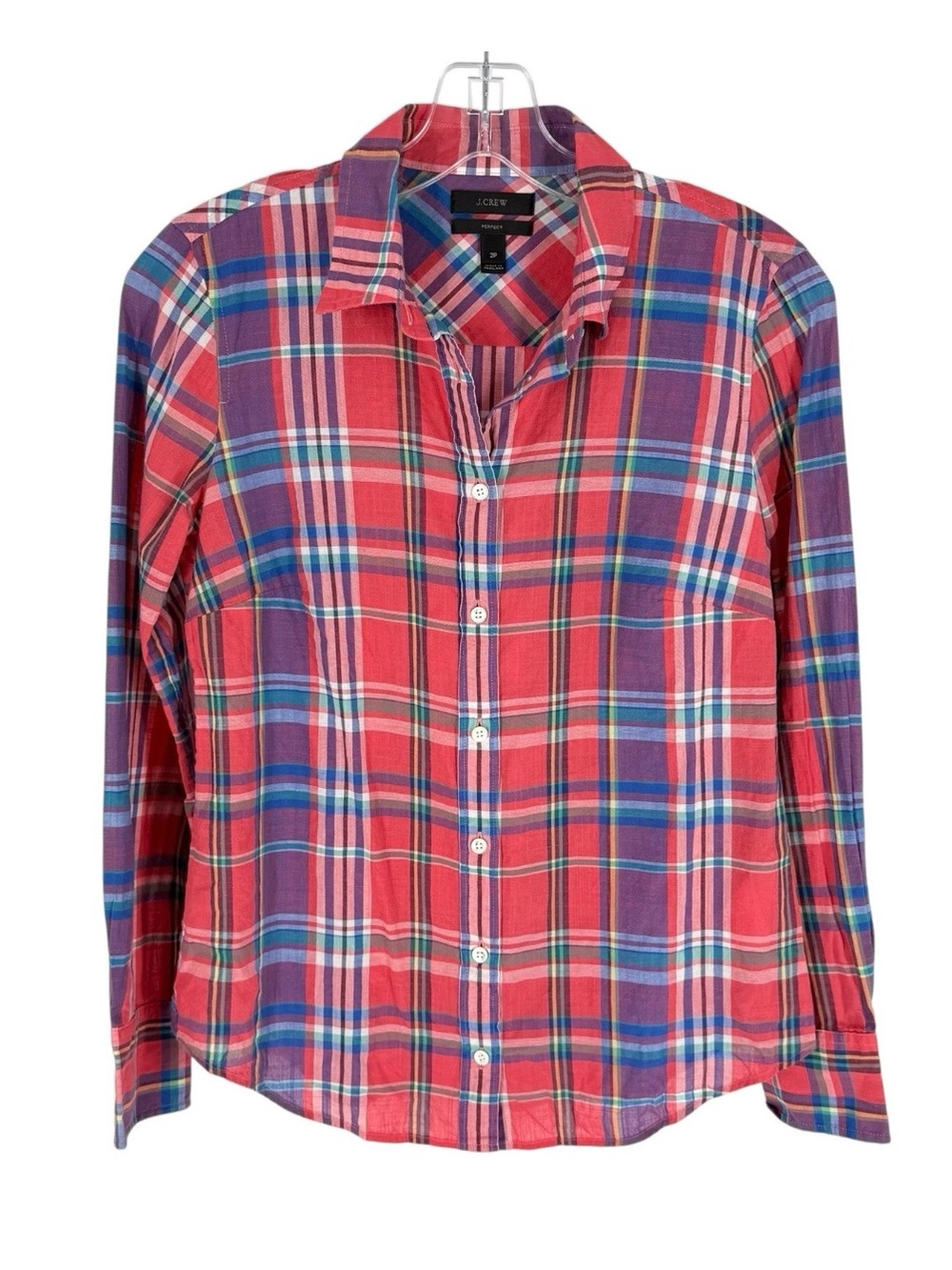 J Crew Madras Plaid Blouse Womens Size 2P Pink Lightweight Cotton Perfect Fit
